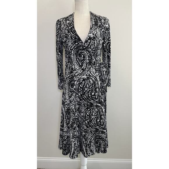Ralph Lauren Sz 4 Full Wrap Easy Care Dress Black White Abstract Print Business - Picture 1 of 11